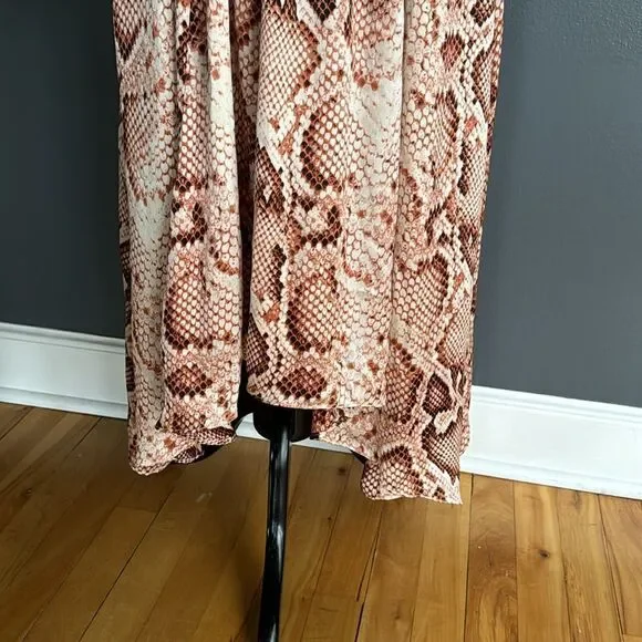 THML rust/brown tones stretch snakeskin print ruffle accent midi. Small.